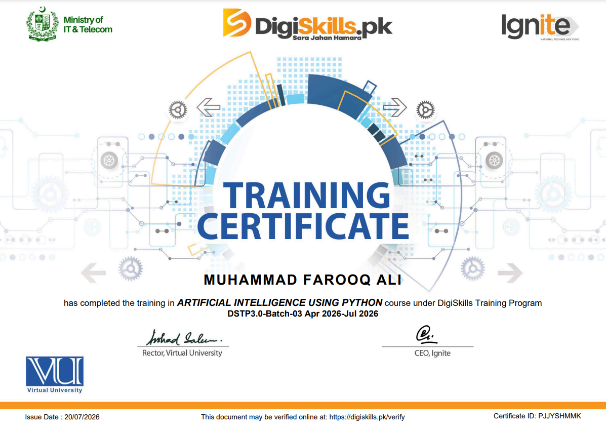 Artificial Intelligence Using Python certificate