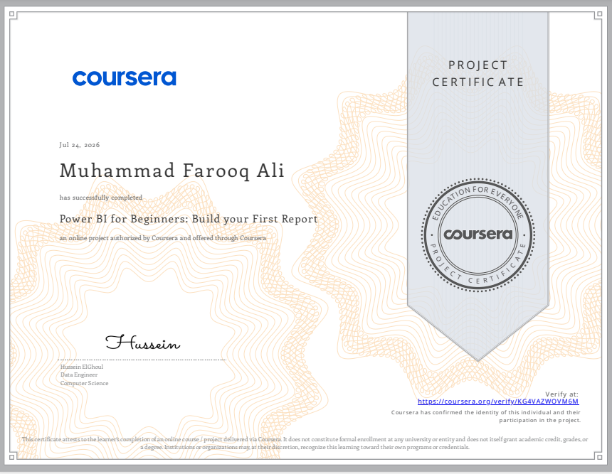 coursera Power BI for Beginners: Build your First Report certificate