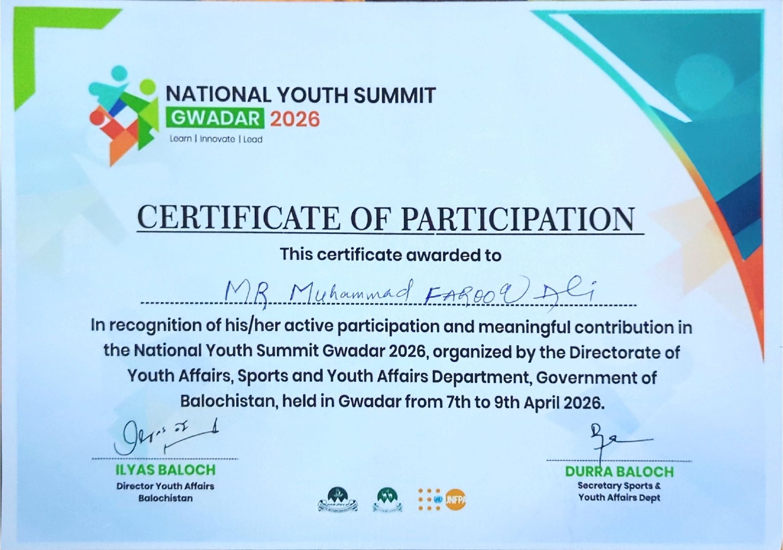 Youth Summit certificate
