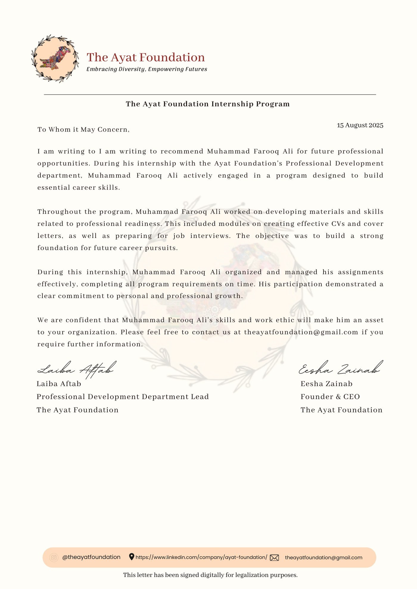 Ayat Foundation internship recommendation letter